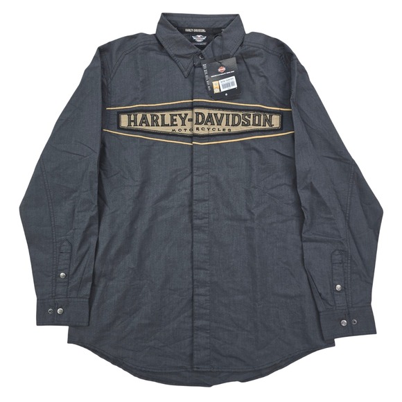 Harley-Davidson Other - Harley-Davidson Woven Shirt Mens Large Gray Long Sleeve Embroidered Biker Snap